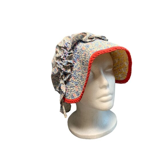 Vintage Womens Floral Bonnet with Red Trim & Ruffles - Picture 1 of 15